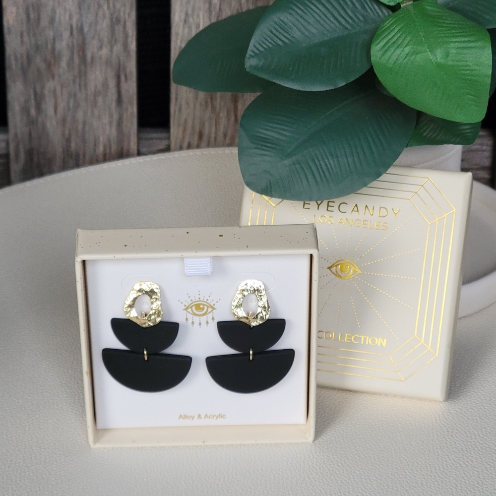 Eye Candy alloy & black acrylic semi circle dangle brass post back earrings - Picture 2 of 6